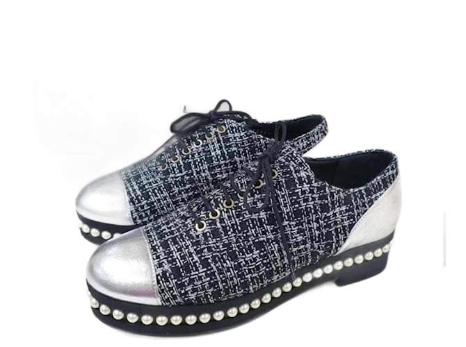 Chanel Black Silver Tweed Pearl Lace Up Oxford Cuir Gris  ref.944731