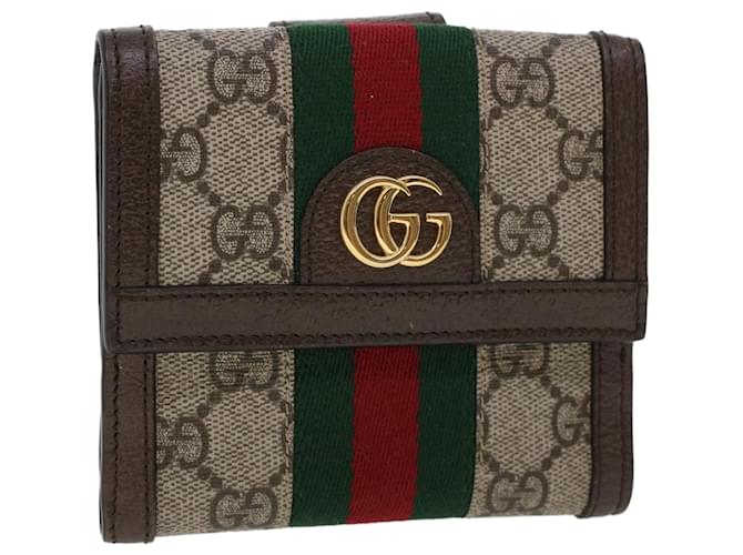 GUCCI GG Canvas Web Sherry Line Trifold Wallet PVC Leather Beige Red Auth 42974 Green  ref.944831