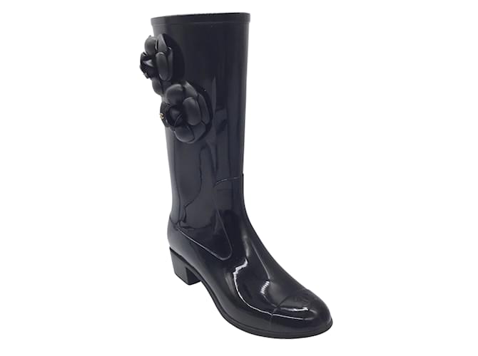 Chanel Black Rubber Camellia Rain Boots Size 38 Chanel