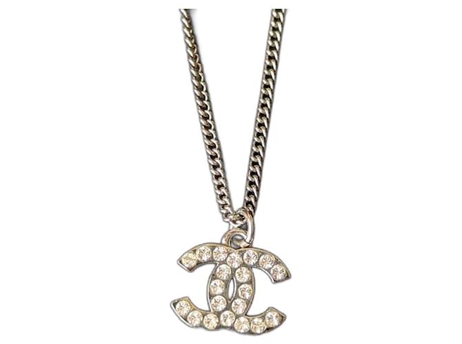 Chanel CC F12W logo classic timeless crystal necklace box tag Silvery Metal  ref.945477