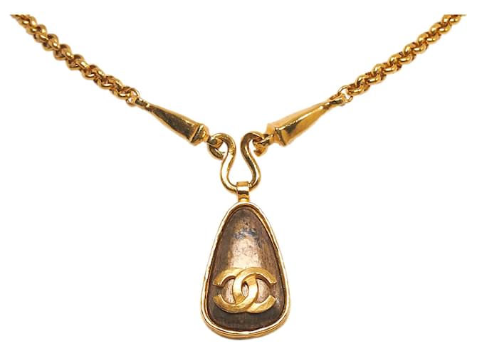 Chanel Gold Teardrop CC Logo Pendant Necklace Golden Metal Gold