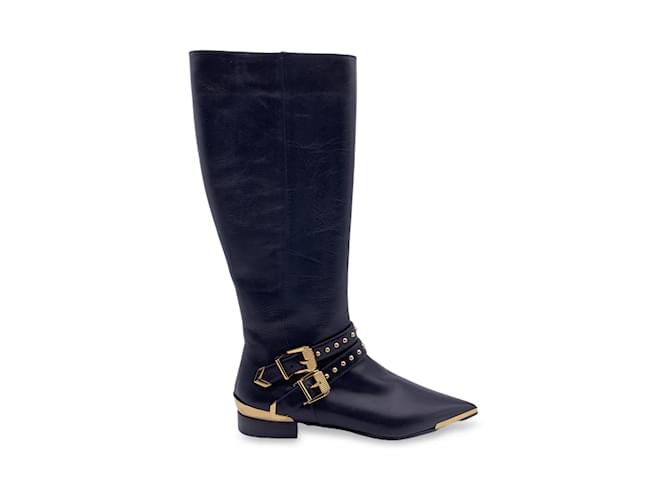 Versace Black Leather Riding Boots with Gold Metal Buckles Size 36  ref.945908