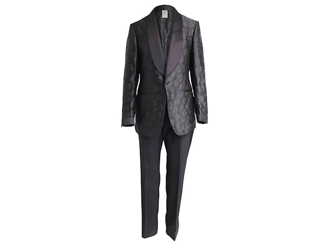 Tom Ford Shelton Leopard Jacquard Dress Jacket and Trousers Set in Black Acetate and Wool Cellulose fibre  ref.946778