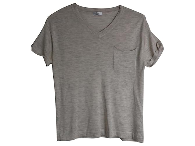 Brunello Cucinelli T-shirt à col en V avec poche et mélange en cachemire beige Laine  ref.946788