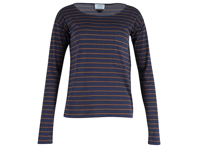 Prada Striped Long Sleeved T-shirt in Navy and Orange Cotton Navy blue  ref.947035