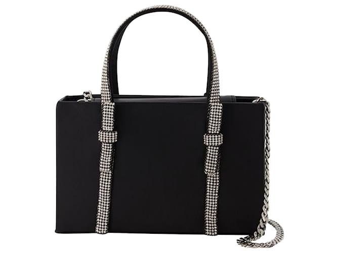 Midi Crystal Fringe Tote in Black Leather