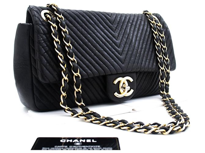 Authentic Chanel Classic Jumbo Black Chevron Lambskin Double Flap SHW
