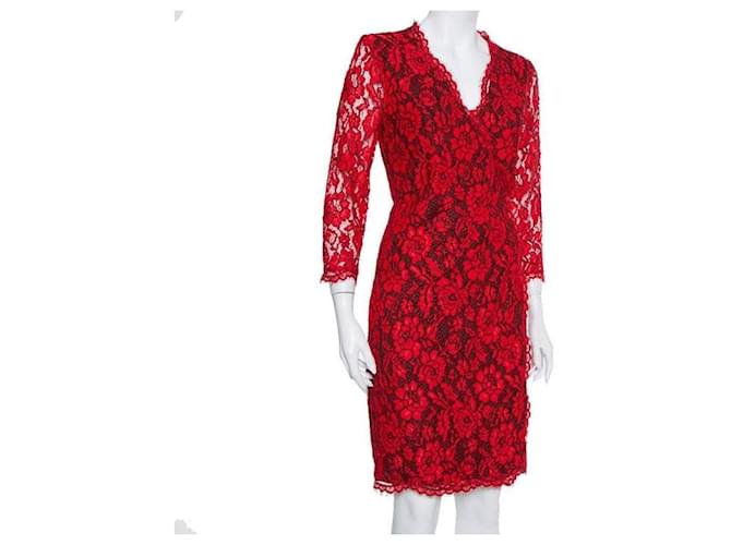 Diane Von Furstenberg DvF Julianna red and black lace wrap dress  ref.947501