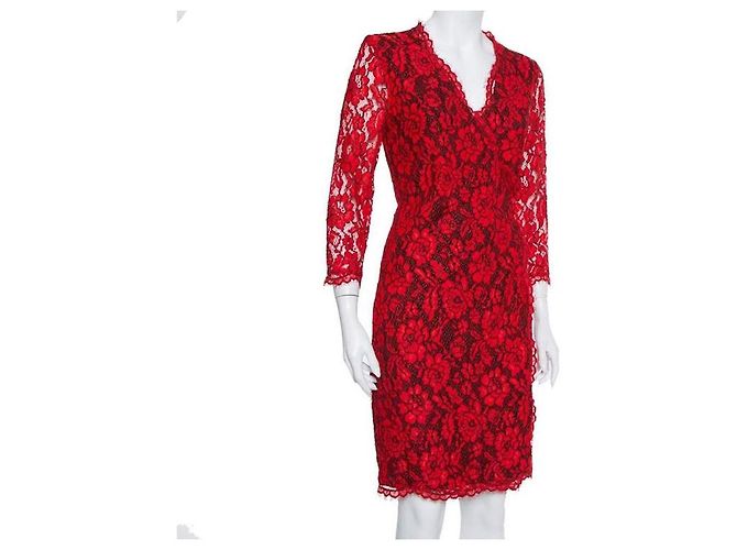 Diane Von Furstenberg DvF Julianna Vestido envelope vermelho e preto com renda