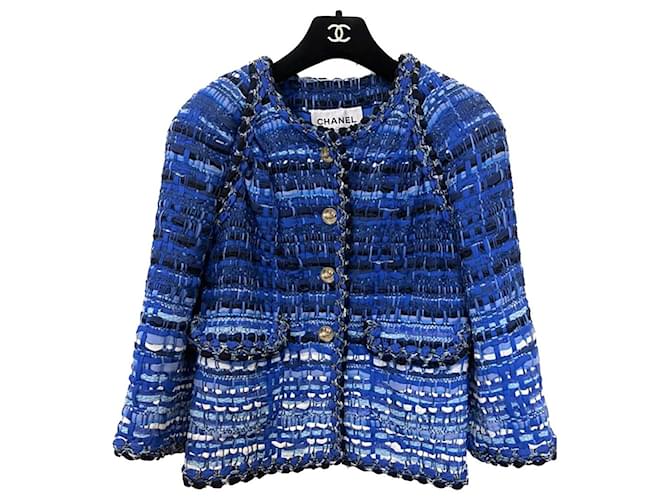 Chanel 12Jaqueta de tweed com fita K$ Grécia Azul  ref.947990