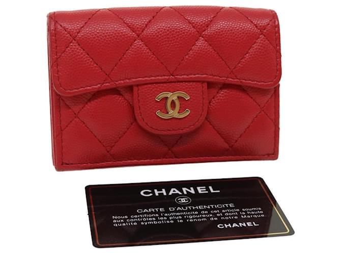 CHANEL Caviar Skin Matelasse Small Flap Wallet Leather Red CC Auth