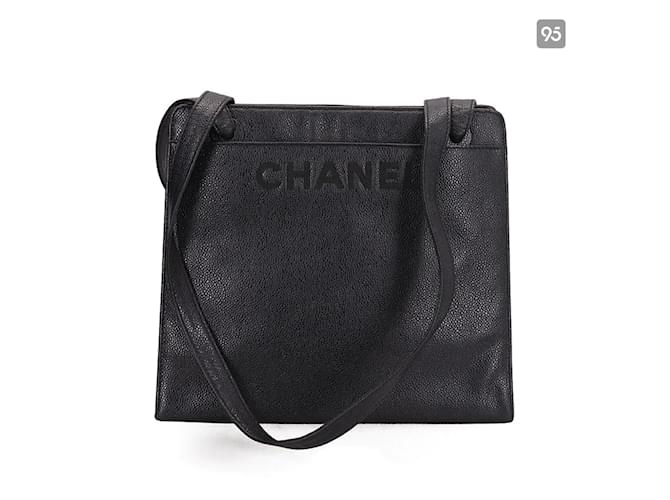 Chanel Logo Kaviar Shopper Tote Leder Tasche in sehr gutem Zustand Schwarz  ref.949231