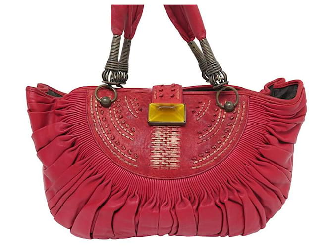 CHRISTIAN DIOR FRAME RED PLEATED LEATHER LEATHER HAND BAG PURSE  ref.949343