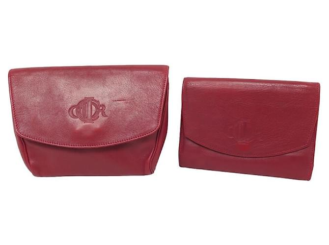 VINTAGE LOT CHRISTIAN DIOR POUCH & LEATHER WALLET SET WALLET CASE POUCH Red  ref.949360