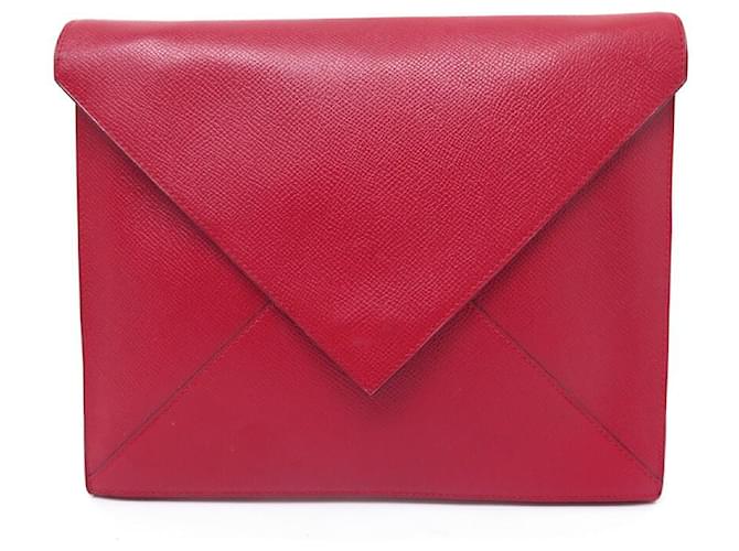 Hermès HERMES POUCH ENVELOPE HANDBAG IN RED COURCHEVEL LEATHER 1999 CLUTCH POUCH  ref.949377