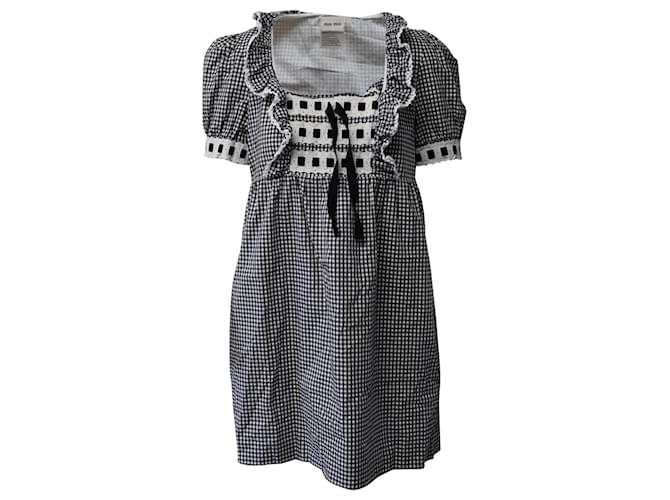 Miu Miu Besticktes Gingham-Kleid aus schwarzer Baumwolle Mehrfarben  ref.869548
