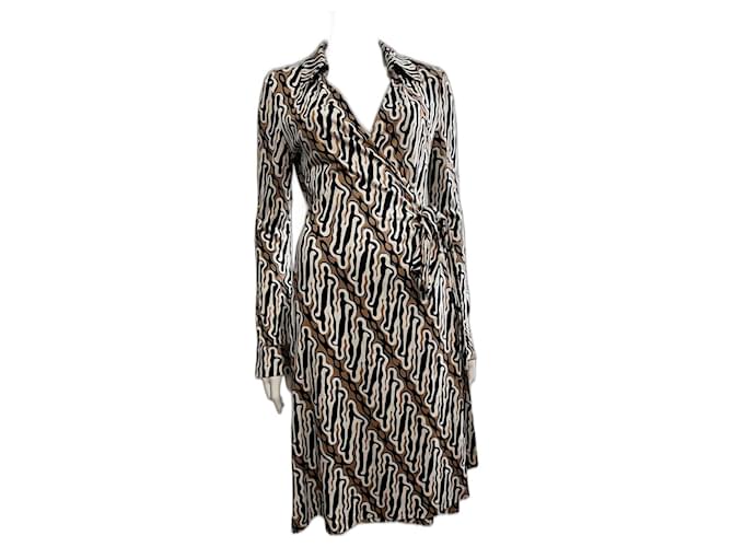 Diane Von Furstenberg DvF vintage Jeanne silk wrap dress Brown Black Cream  ref.948962