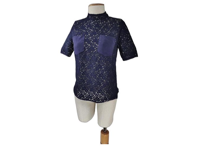 Baum und Pferdgarten Top in seta e pizzo blu