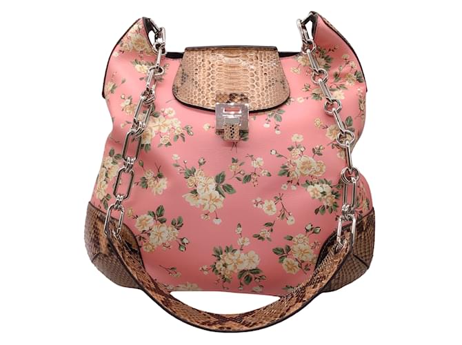 Michael Kors Collection Pink Multi Petal Bancroft Floral Printed Leather and Python Skin Leather Shoulder Bag  ref.949638