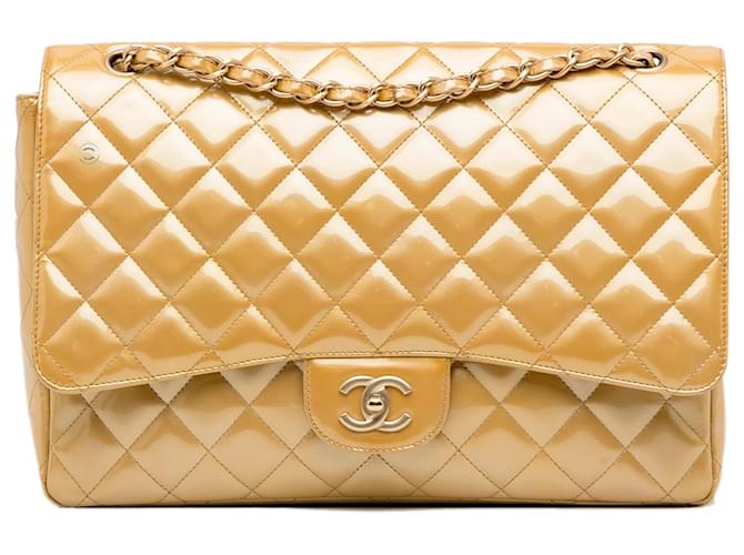 Chanel Gold Maxi Classic Patent Single Flap Golden Leather Patent