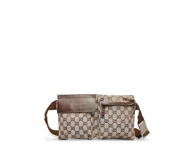 Gucci Brown GG Canvas Double Pocket Belt Bag Beige Leather Cloth