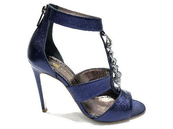 Sidonie Larizzi Palermo 105 Navy Metallic Lambskin Heeled Sandals Blue