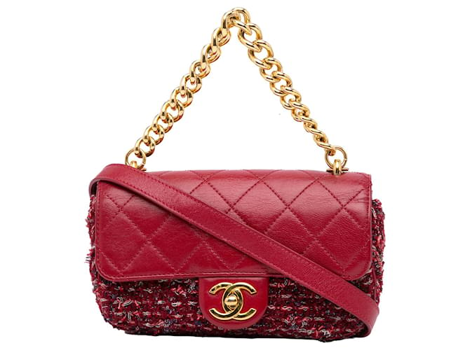 Chanel Vermelho CC Matelassê Tweed Aba Simples Pano  ref.951380