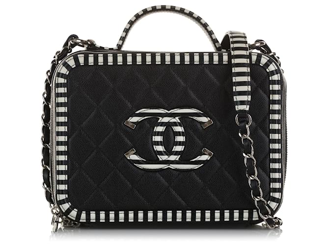 Vanity Bolsa Chanel preta média Caviar CC filigrana Preto Branco Couro  ref.951447