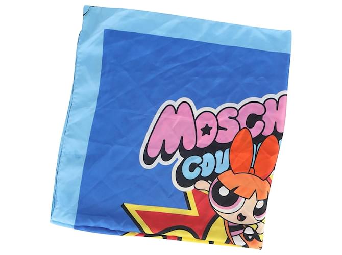 Moschino The Powerpuff Girls Pow Square Schal aus blauer Seide  ref.951679