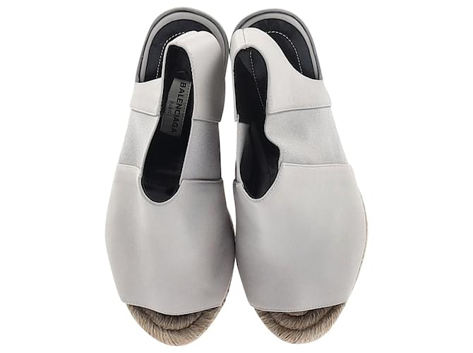 Balenciaga Sandales Compensées Espadrille Open Toe Slingback en Cuir Gris  ref.951755