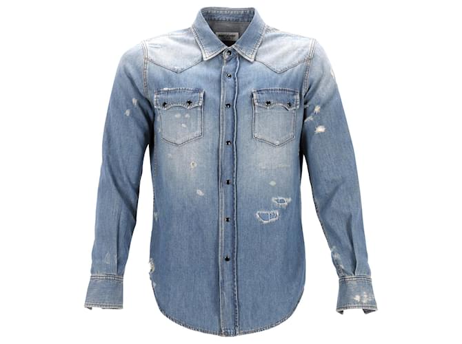 Camisa jeans desgastada Saint Laurent em algodão azul  ref.951772