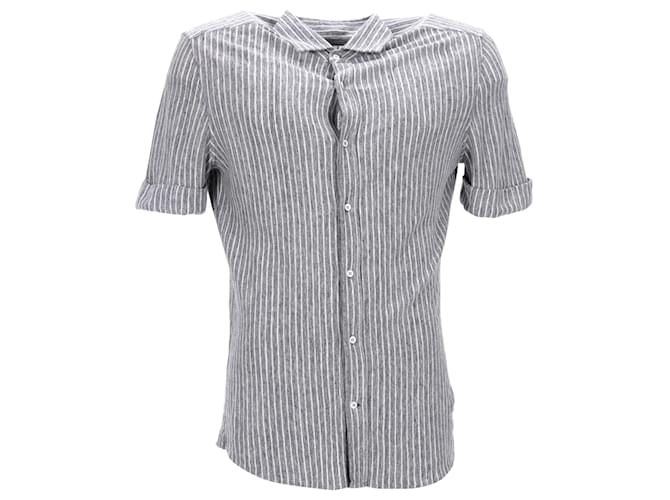 Brunello Cucinelli Gestreiftes Kurzarmhemd mit Knopfleiste aus grauem Leinen  ref.951801