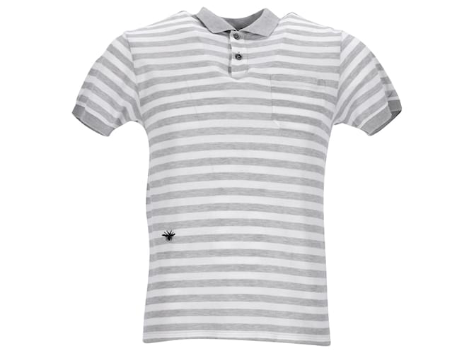 Dior Bee besticktes gestreiftes Poloshirt aus grauer und weißer Baumwolle  ref.951834
