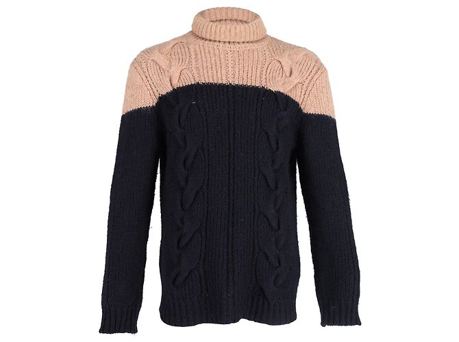 Dries Van Noten Two-Tone Turtleneck Sweater in Navy Blue Acrylic