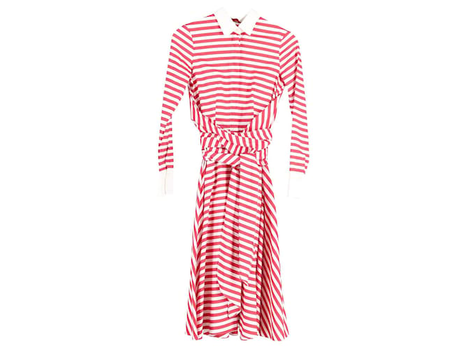 Carolina Herrera Collared Striped Belted Midi Dress in Red and White Cotton  ref.952046