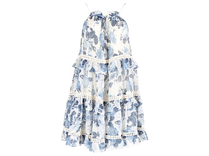 Gestuftes ärmelloses Zimmermann-Kleid aus blauer Seide mit Blumenmuster  ref.952058