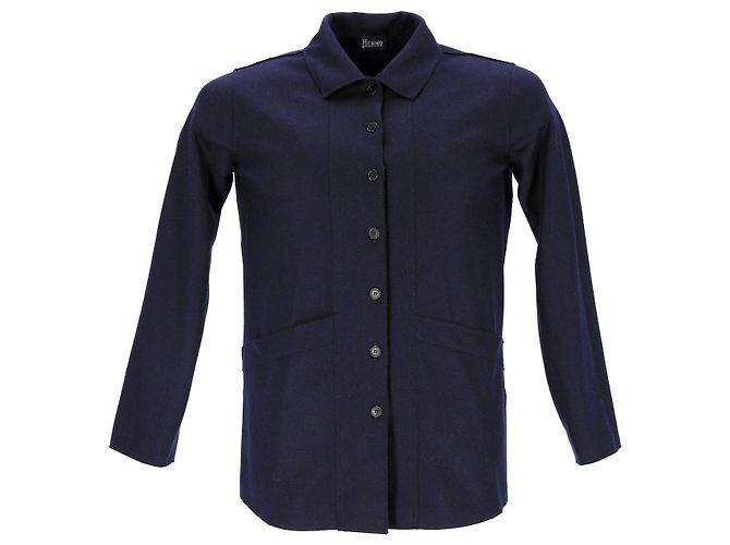 Herno Giacca Camicia Button Down in Lana Blu Navy