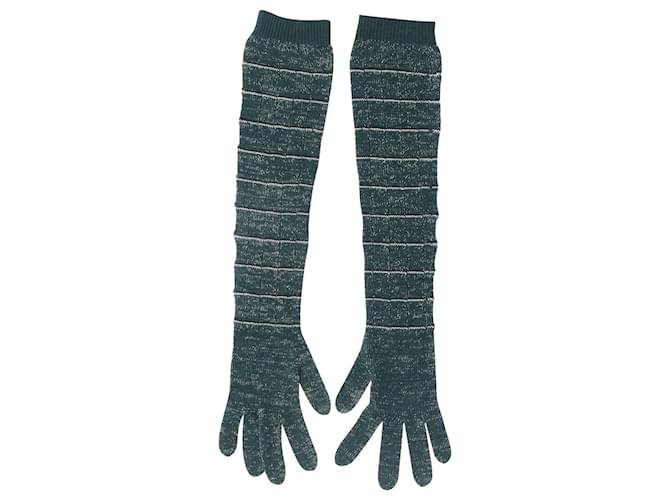 Prada Striped Long Knitted Gloves in Green Wool Blend  ref.952070
