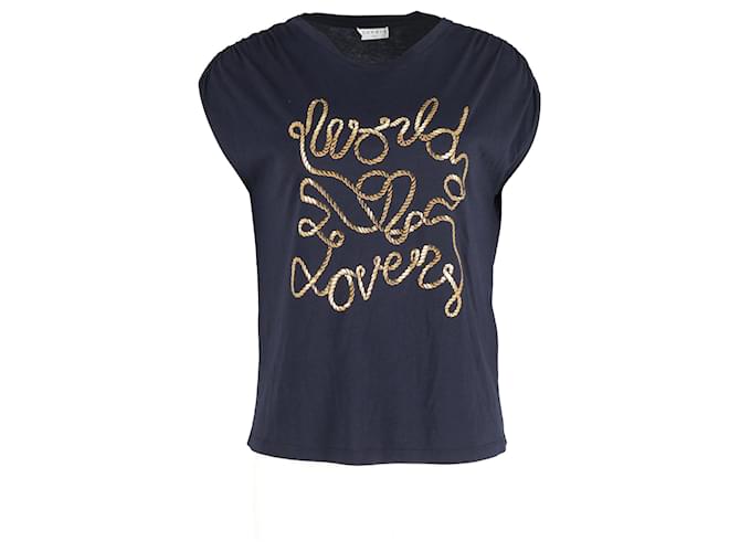 T-shirt con stampa Sandro Paris World Lovers in modal blu navy Modale Fibra di cellulosa  ref.952071