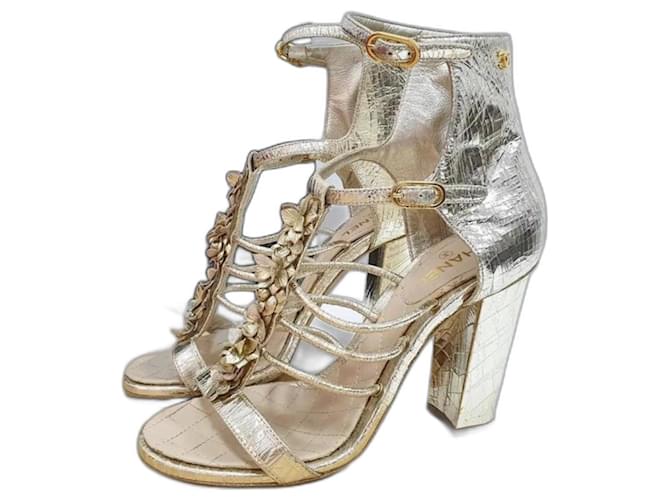Chanel Metallic Gold Textured Leather Camellia Ankle Strap Sandals Golden  ref.952245
