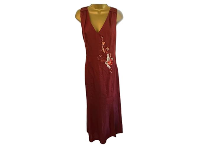 Kenzo Jungle Womens Vintage 90's Rust Linen Sleeveless Pencil Dress UK 16 Dark red  ref.952333