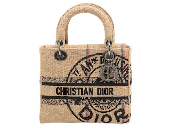 Lady Dior D-Lite Medium Embroidered Jute Dior-Union Beige Bag Cloth  ref.952576