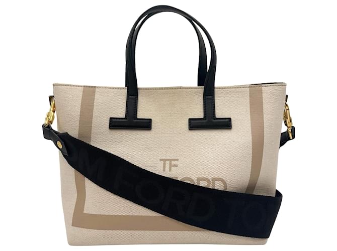 Tom Ford T Tote Canvas und Leder Beige Leinwand  ref.952627