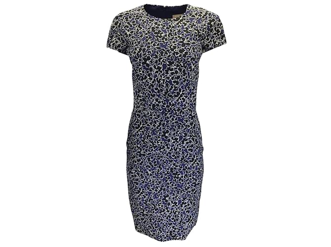 Michael Kors Collection Navy Blue / white / Black Floral Printed Short Sleeved Cady Midi Dress Viscose  ref.952806