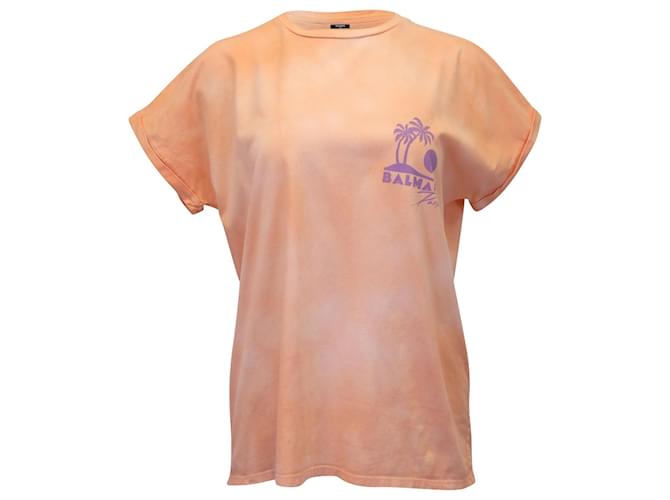 Camiseta con cuello redondo y estampado de logo con efecto teñido anudado en algodón coral de Balmain  ref.953693