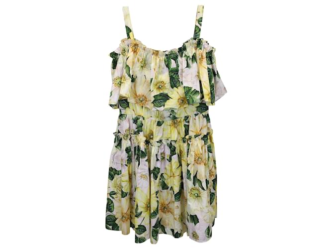 Dolce & Gabbana Mini-robe fleurie à épaules dénudées en coton imprimé jaune  ref.953735