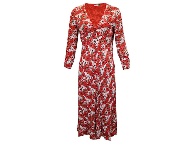 Autre Marque Robe longue Rixo à col en V et manches longues en viscose rouge à imprimé floral Fibre de cellulose  ref.953766