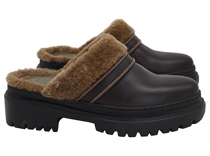 Brunello Cucinelli Shearling Lug-Sole Clogs in Brown Leather  ref.953798