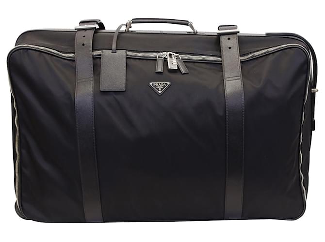 Saffiano Prada Leather Trimmed Semi-Rigid Suitcase in Black Nylon  ref.953970