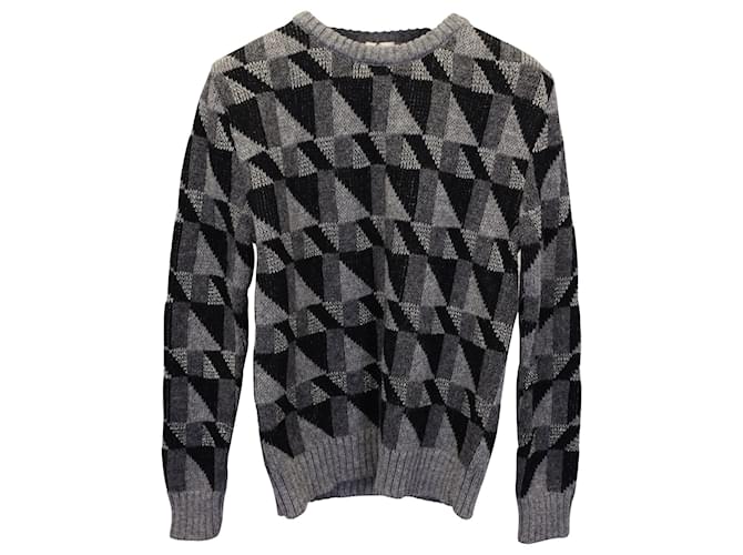 Saint Laurent Geometric Knit Crewneck Sweater in Grey Wool  ref.953976
